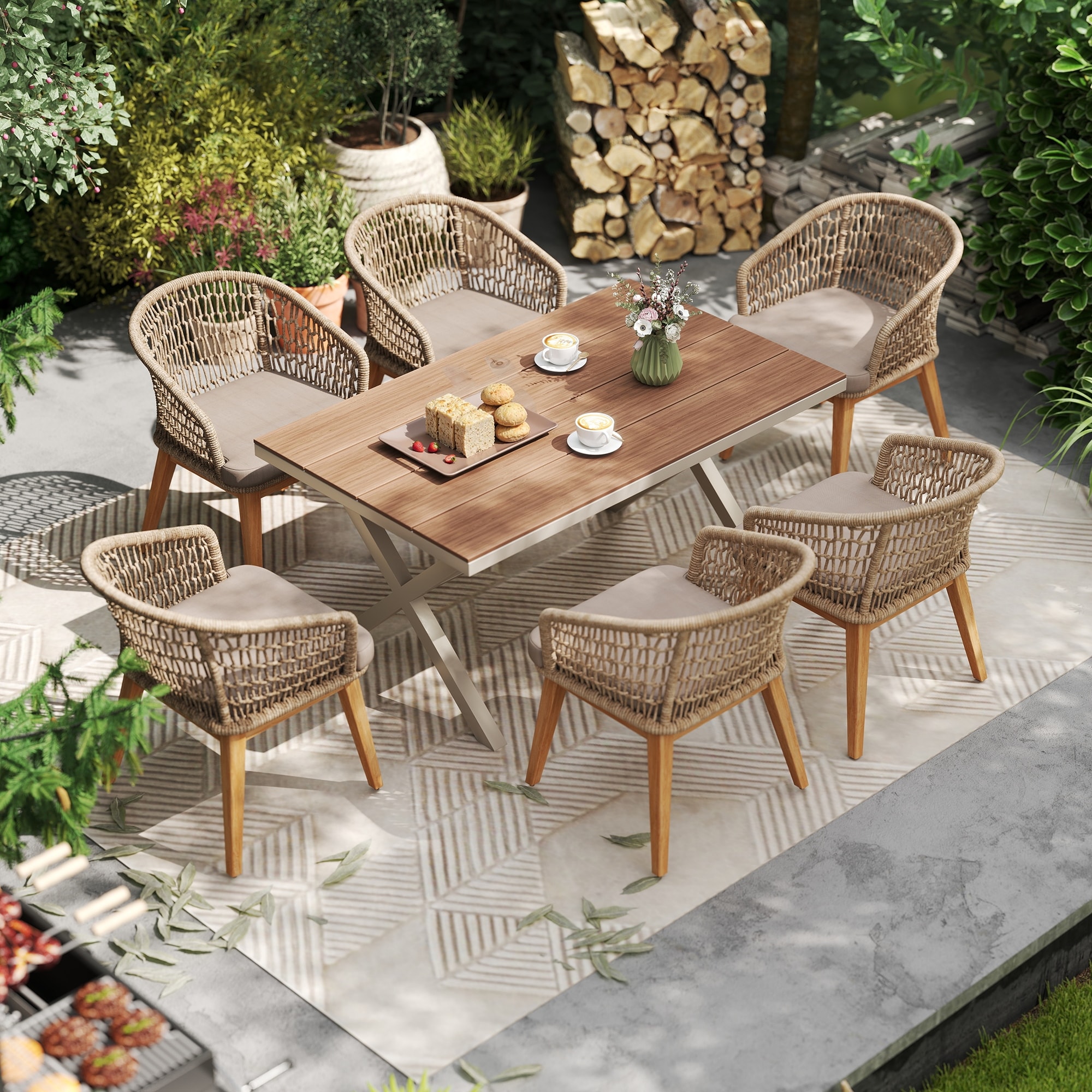 Outdoor 7-Piece Dining Chair with Rope-woven Backrest and Table Set