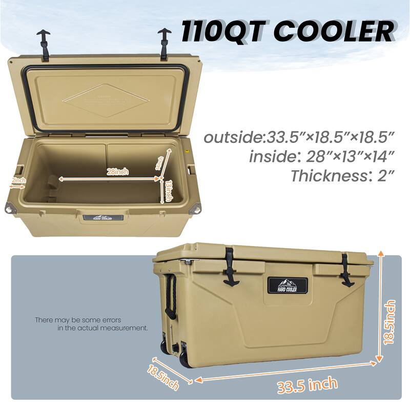 110 Quart Khaki Cooler, Rotomolded Insulated Ice Chest, Heavy-Duty Hard Shell Cooler with 6-10 Day Ice Retention for Camping