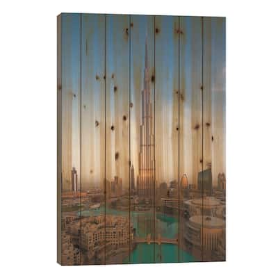 UAE, Downtown Dubai. Cityscape with Burj Khalifa. Print On Wood by Walter Bibikow - Multi-Color