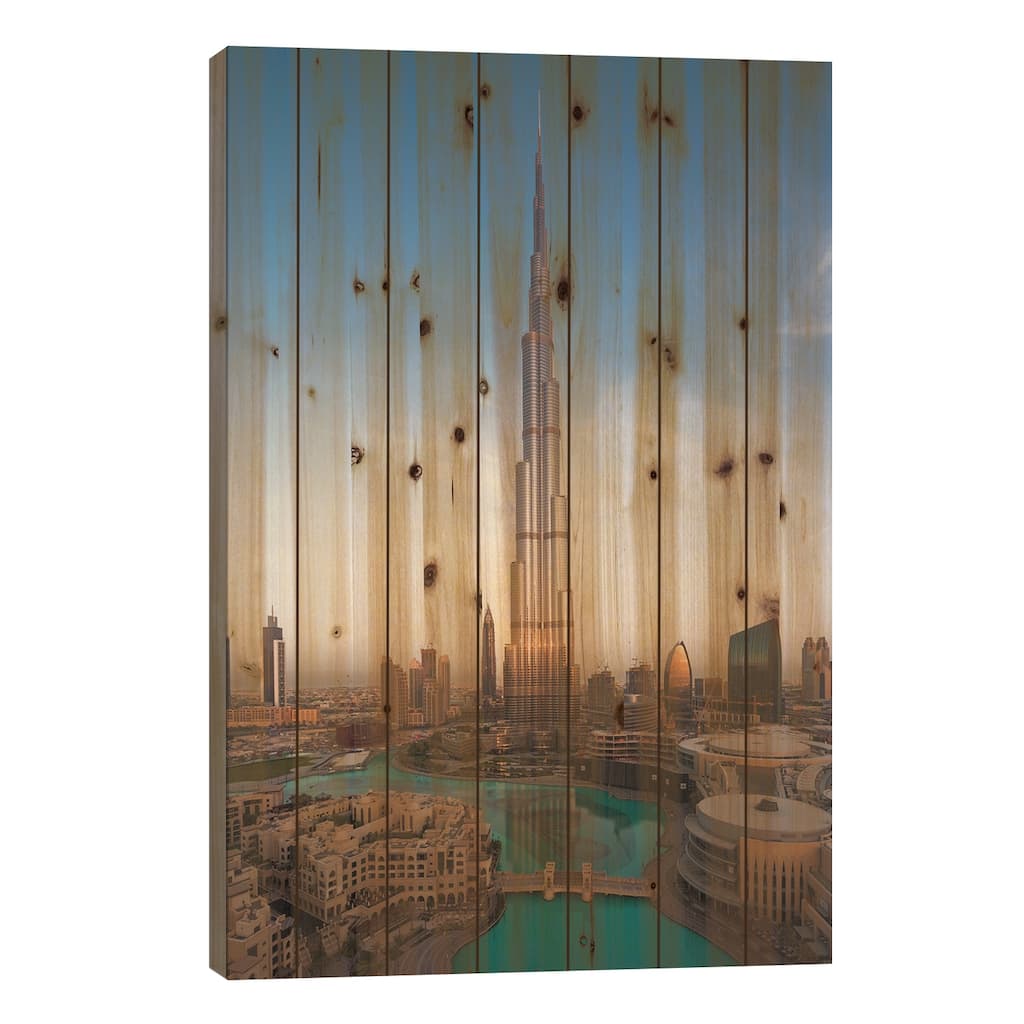 UAE, Downtown Dubai. Cityscape with Burj Khalifa. Print On Wood by Walter Bibikow - Multi-Color