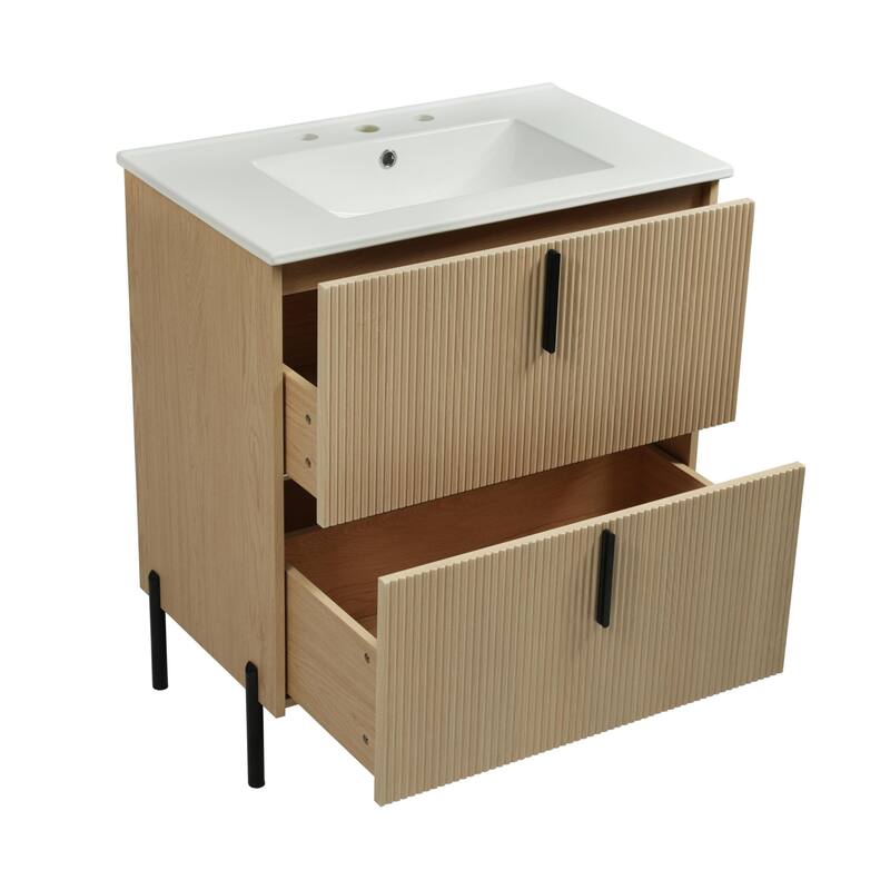 30" Bathroom Vanity with Ceramic Sink and Full-Extension Drawers, Soft Close Undermount Drawer Slides, Fluted Design