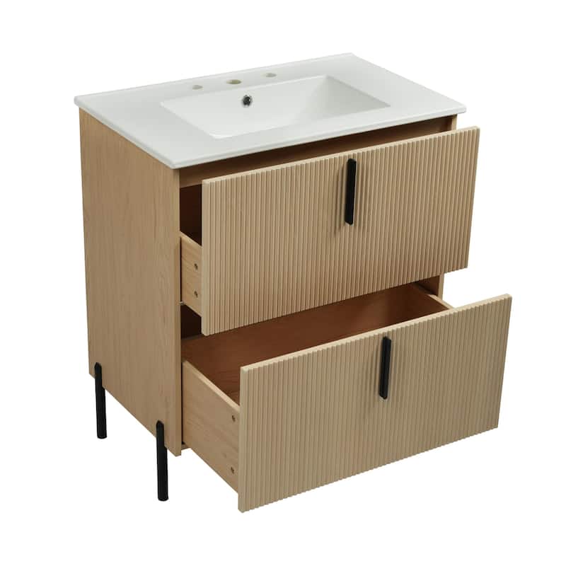 Fluted Bathroom Vanity with Ceramic Sink, Freestanding Bathroom Storage Cabinet, Bathroom Vanities with Full-Extension Drawers