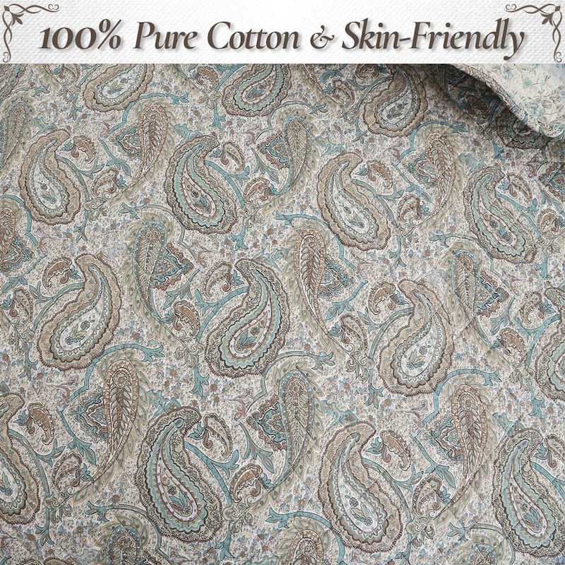 Cozy Line Aquamarine Turquoise Tan Brown Paisley 3 Piece Cotton Queen Quilt Bedding Set