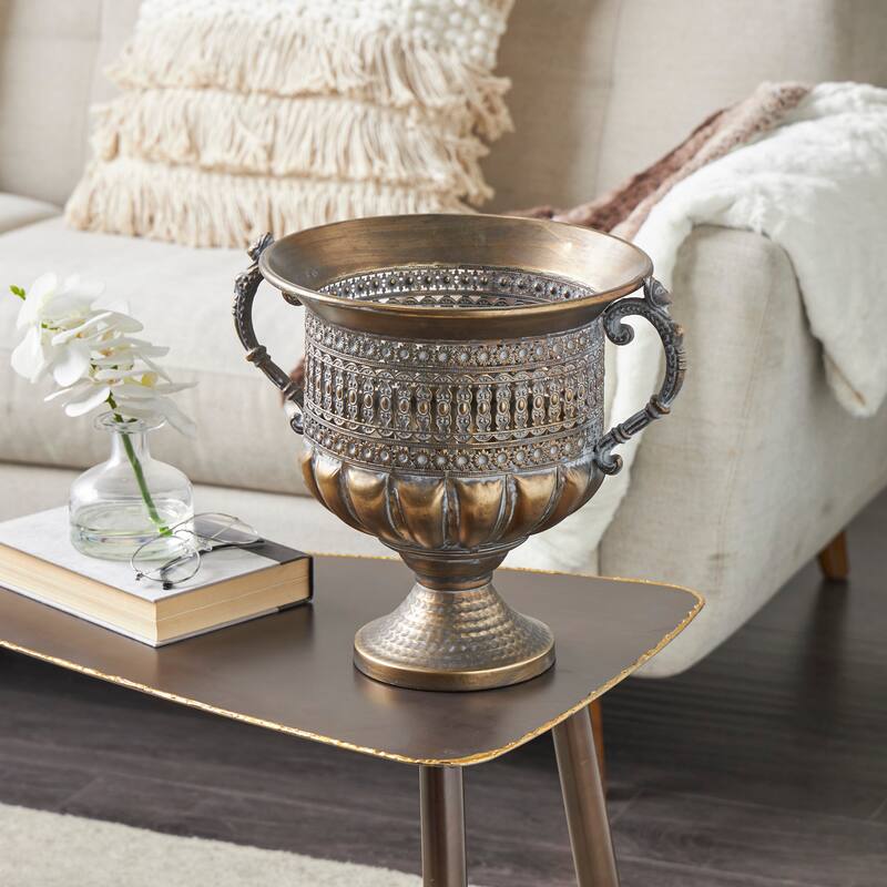 Bronze Metal Urn Shaped Decorative Vase with Cut Outs - Bronze