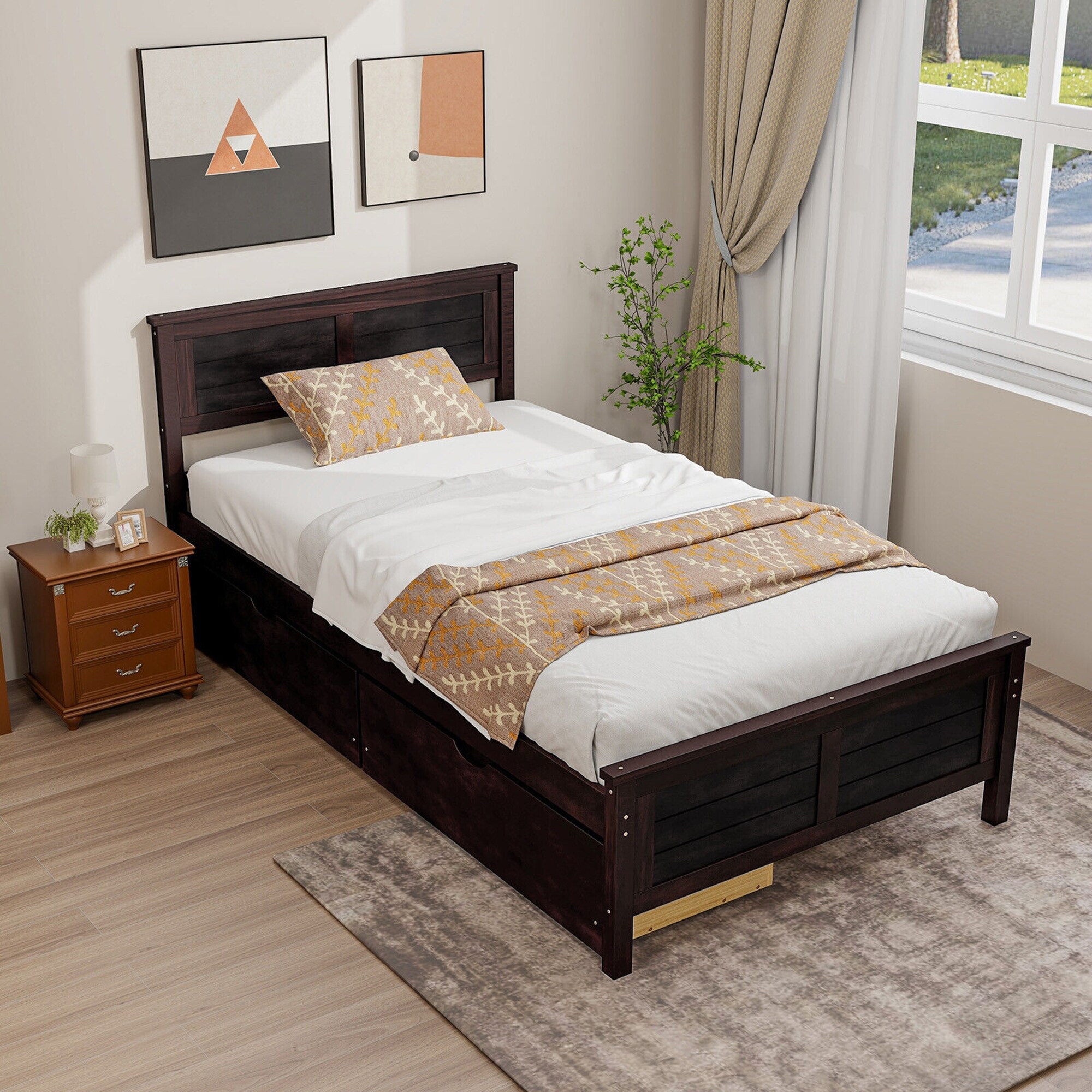 Gymax Bed Frame with Storage Drawers, Twin Size, Espresso, Modern