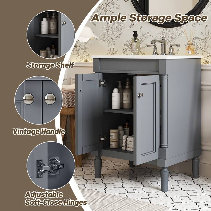 24" Bathroom Vanity with Top Sink, Large Storage Shelves