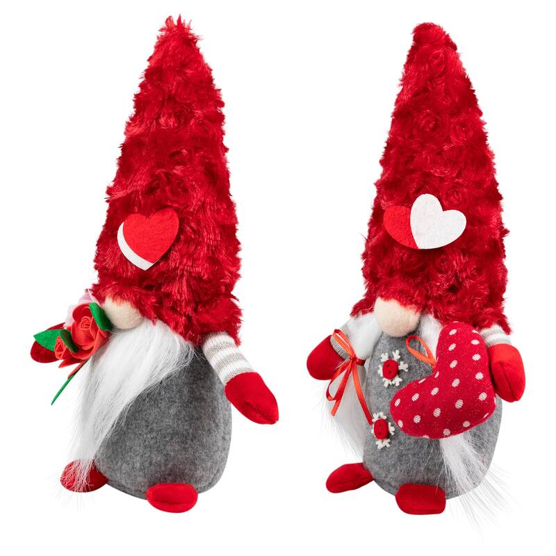 Fuzzy Hat Valentine's Day Gnomes - 11.5" - Red and Gray - Set of 2