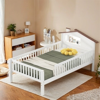 Twin Size Wood Platform Bed with House-shaped Headboard,LED & Storage
