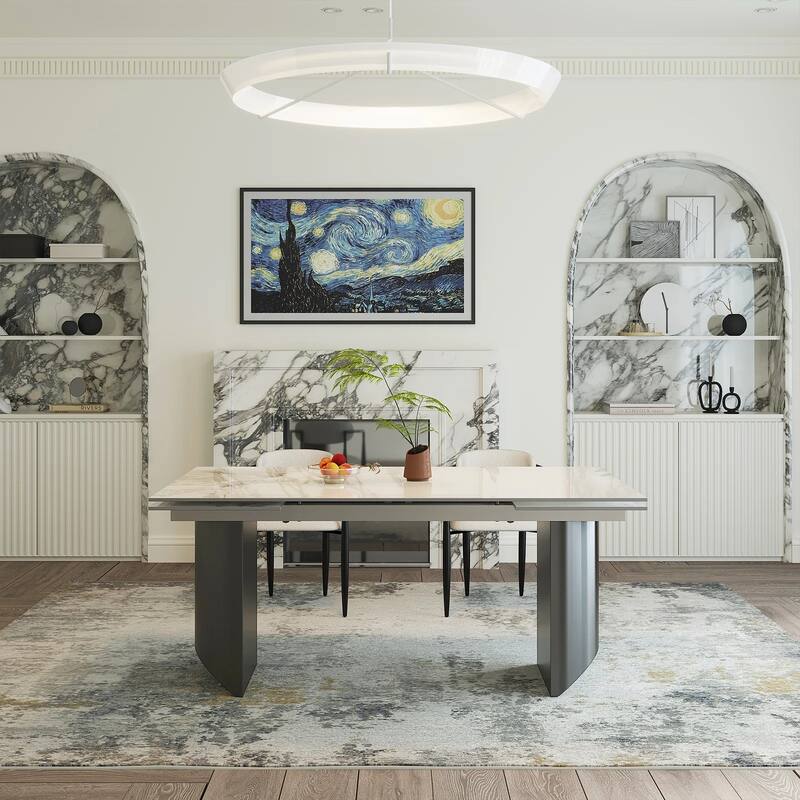 9 - Piece 94.48'' Modern Minimalist Extendable Sintered Stone Top Double Pedestal Dining Set With 8 Fabric Chairs