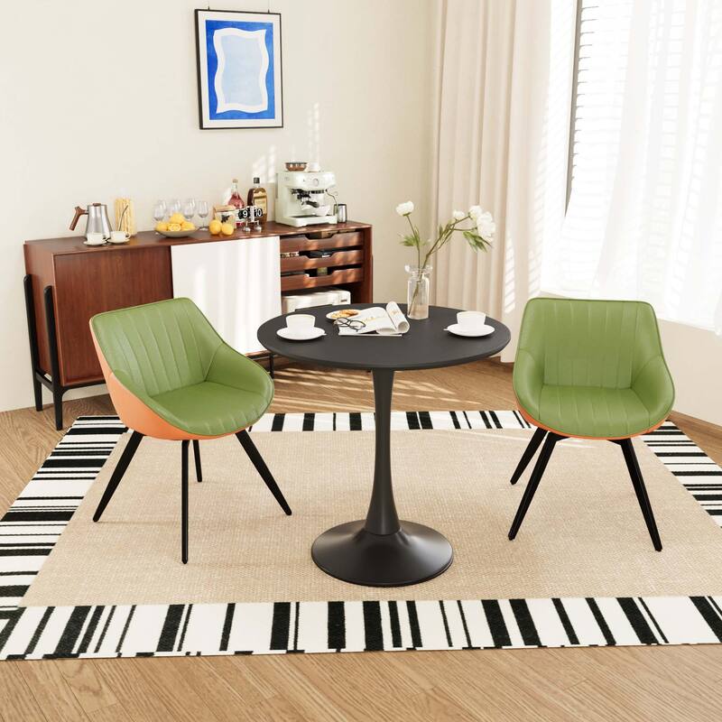 31.5 " MDF round dining table, tulip dining table, and 2 artificial leather decorative chairs with black metal legs