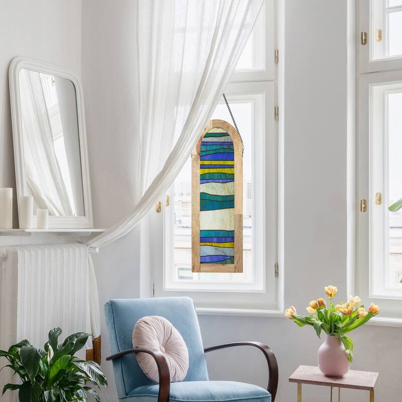 River of Goods 36-Inch Geometric Wave Pattern Stained Glass Window Panel - 12" x 1" x 36"