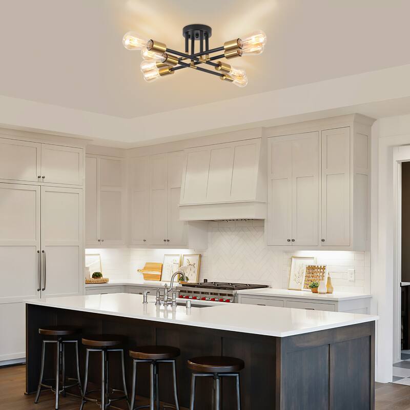 8-Light Industrial Semi Flush Mount Ceiling Light for Kitchen Dining Room Living Room - Black+Gold - N/A