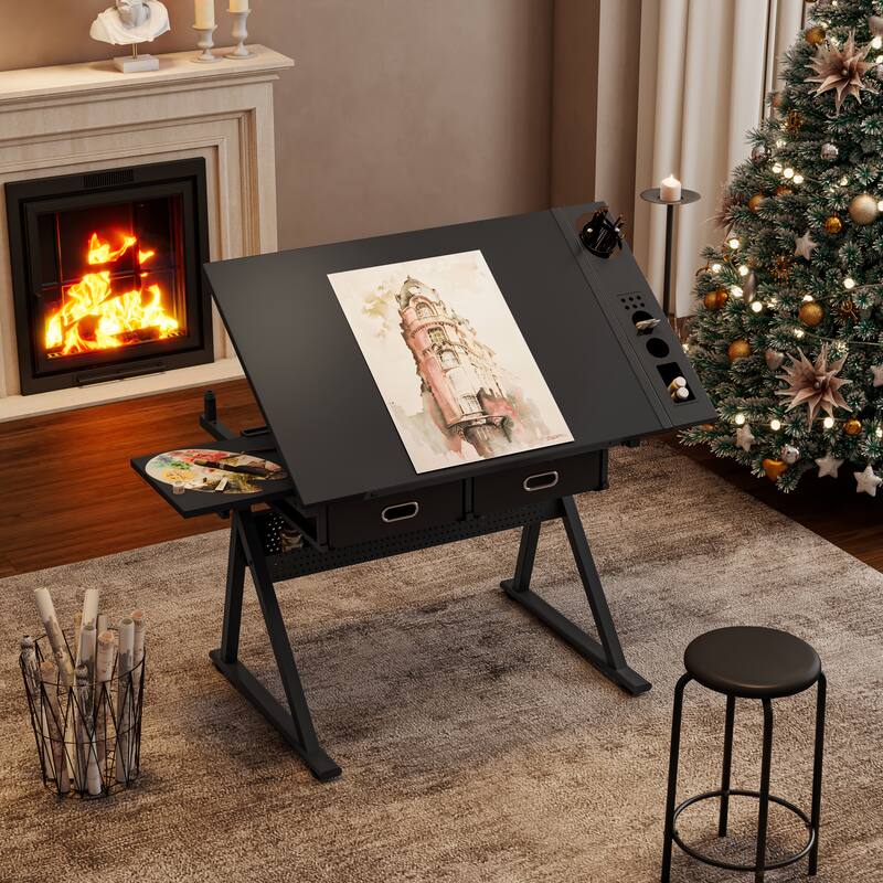 Adjustable drawing drafting table desk with 2 drawers for home office and school with stool