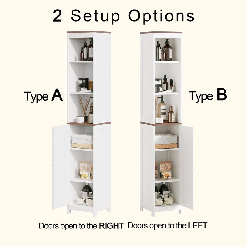 Tall Bathroom Storage Cabinet with Reversible Door, Freestanding Linen Tower with Open Shelves and Enclosed Cabinet