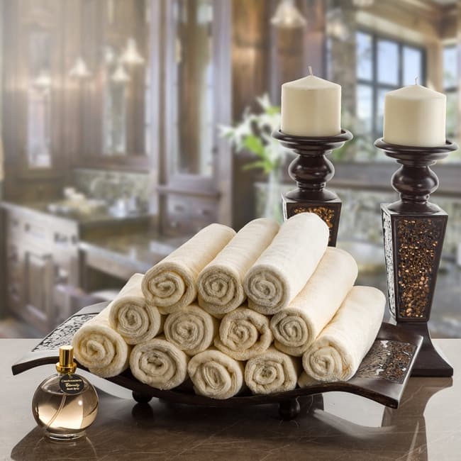 Creative Scents Cotton Velour Cream with Gold Brown Trim Fingertip Towel Set (12 Pack)