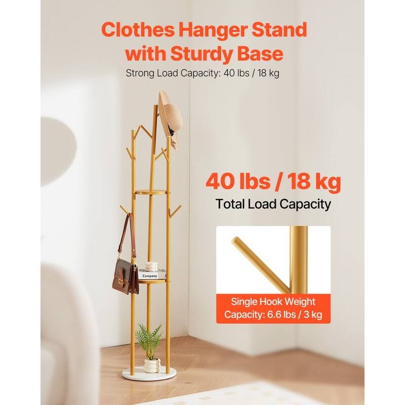 9-Hook Freestanding Coat Rack Stand with Gold Finish and Quartz Base for Living room or Bedroom - 13.4” x 13.4” x 66.93”