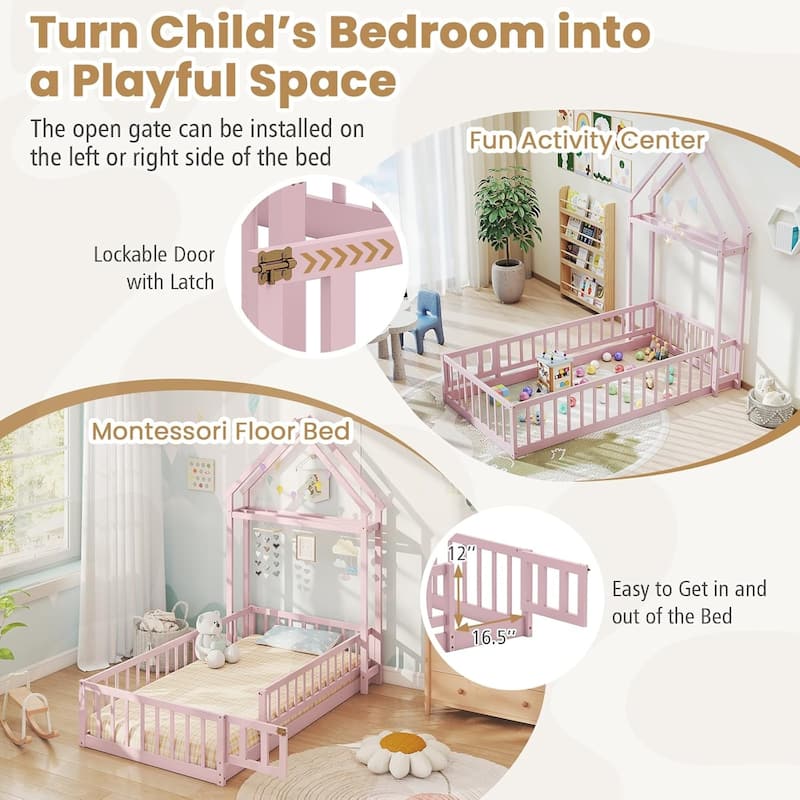 Floor Bed Frame Wooden Montessori Bed w/Fence Low Twin Size House Bed