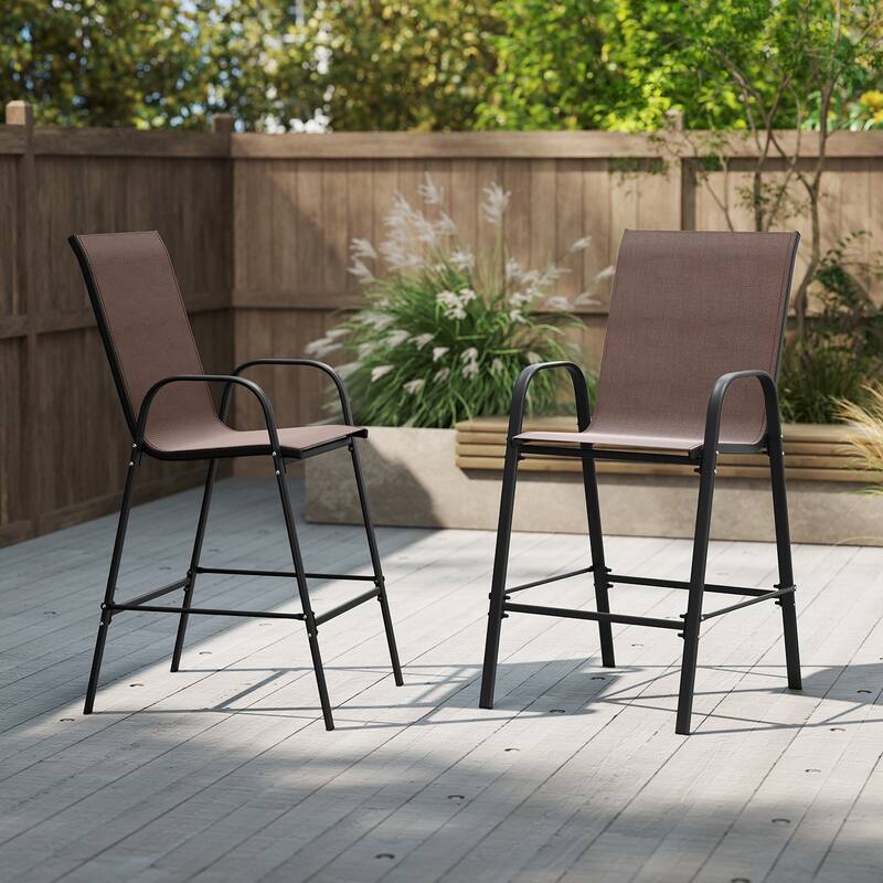 29" Outdoor Bar Stools Set 2 Fabric High Back Chairs with Metal Frame for Decks and Porches - 24.5" x 30" x 51" - Brown