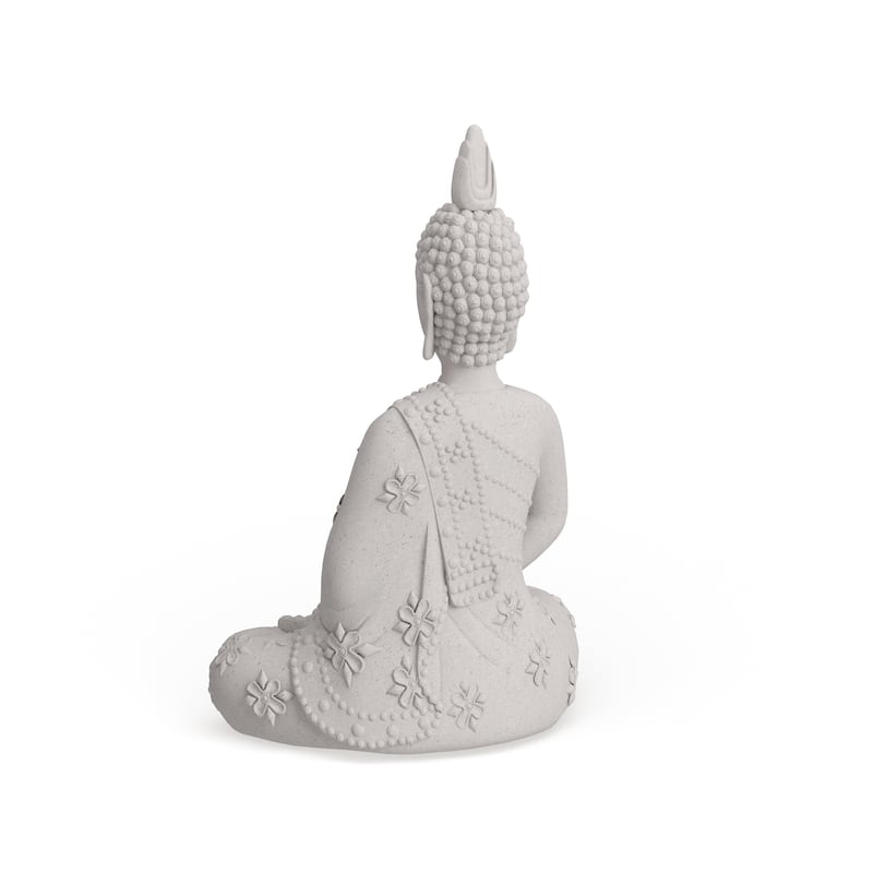 Gray Magnesium Oxide Indoor Outdoor Meditating Buddha Decorative Garden Sculpture with Floral Carvings and Beaded Details