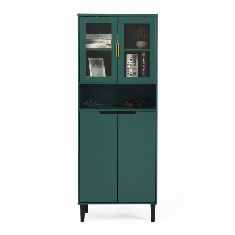 Tall Kitchen Pantry Cabinet with 2 Glass Display Doors & 2 Solid Doors