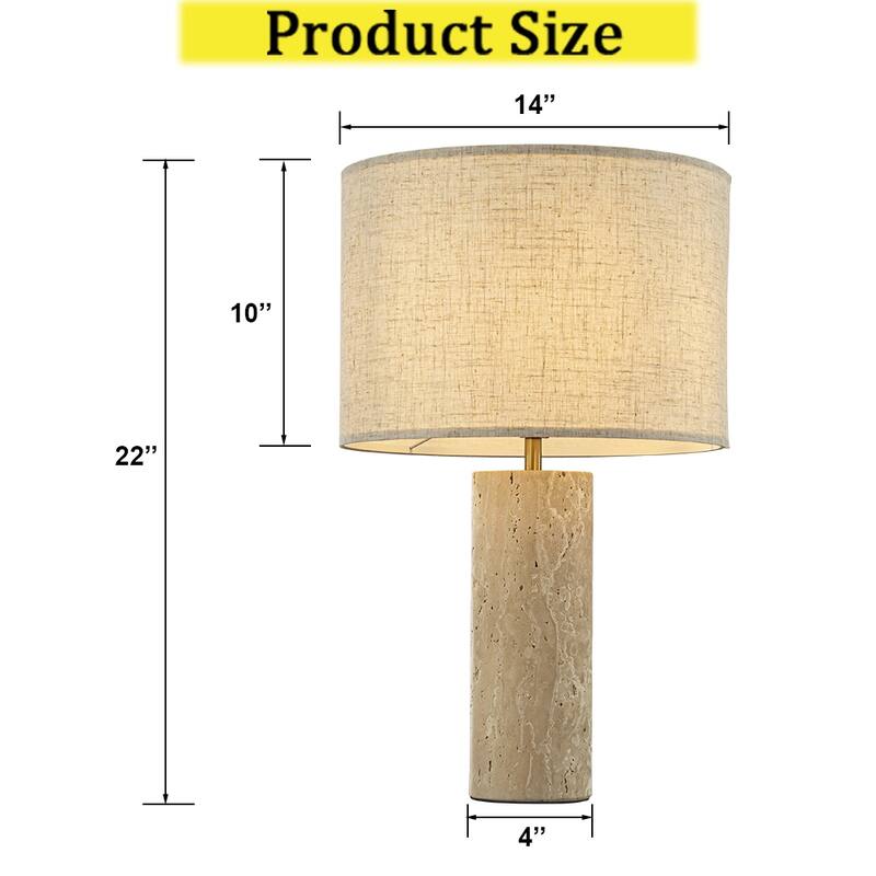 CraftHome 1-Light 22'' Modern Coastal Natural Cylinder Travetine Table Lamp With Beige Linen Shade For Bedroom - W14''