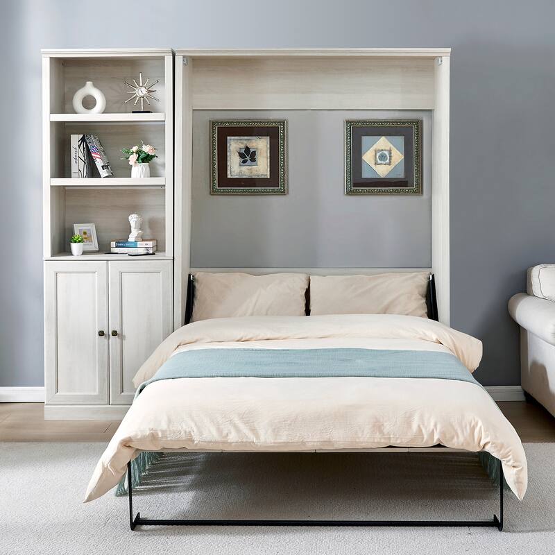Half Self-Close and Open Murphy Bed with 2 Side Cabinet Storage Shelf