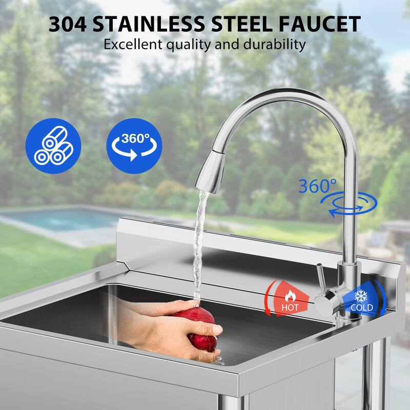 24"x20"x41" Single Bowl Stainless Steel Utility Sink with Pull-Out Faucet