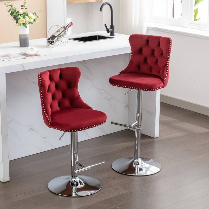 Swivel Velvet Barstools Set of 2 Adjustable Height Bar Stool with Chrome Base Modern Tufted Back Bar Stool