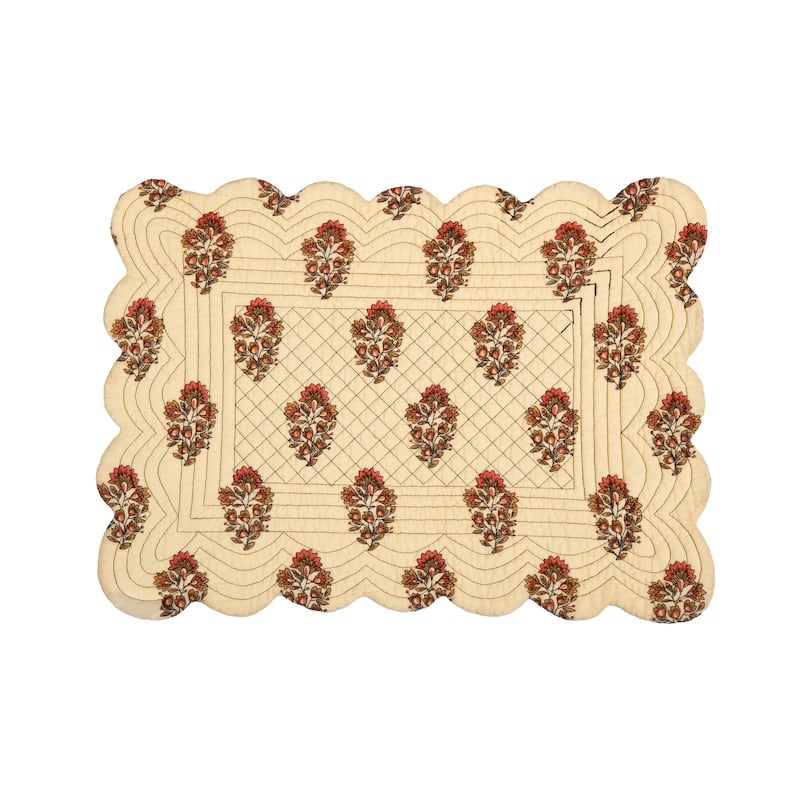 Dorothy Autumnal Brown Quilted Scalloped Paisley Floral Placemats Set of 6, 13" x 19"