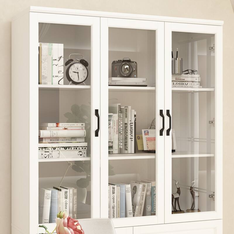 78.7" Large Combo Storage Cabinet Display Bookcase Glass Doors Pantry