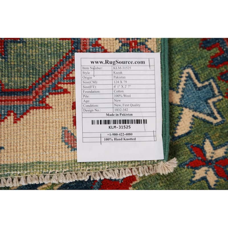 Green Kazak Foyer Rug Traditional Handmade Wool Carpet - 2'7"x 4'1"