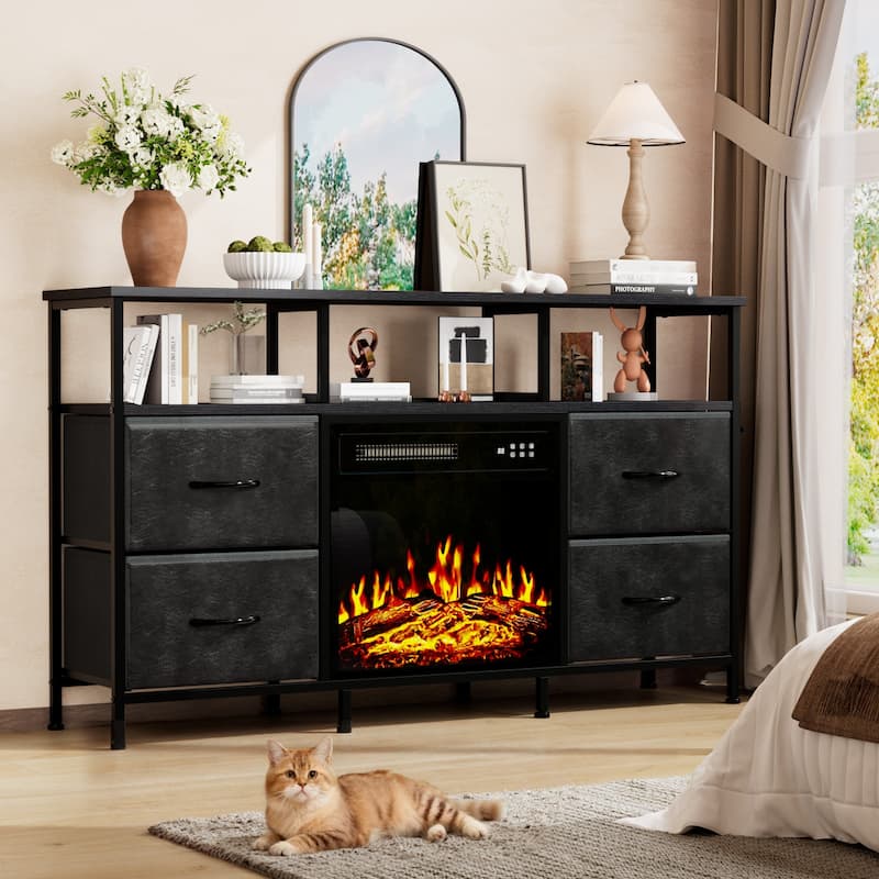 BOSSIN Fireplace TV Stand & Entertainment Center with LED Lights, 4 PU Leather Drawers, Open Shelves, and Built-in Power Outlets