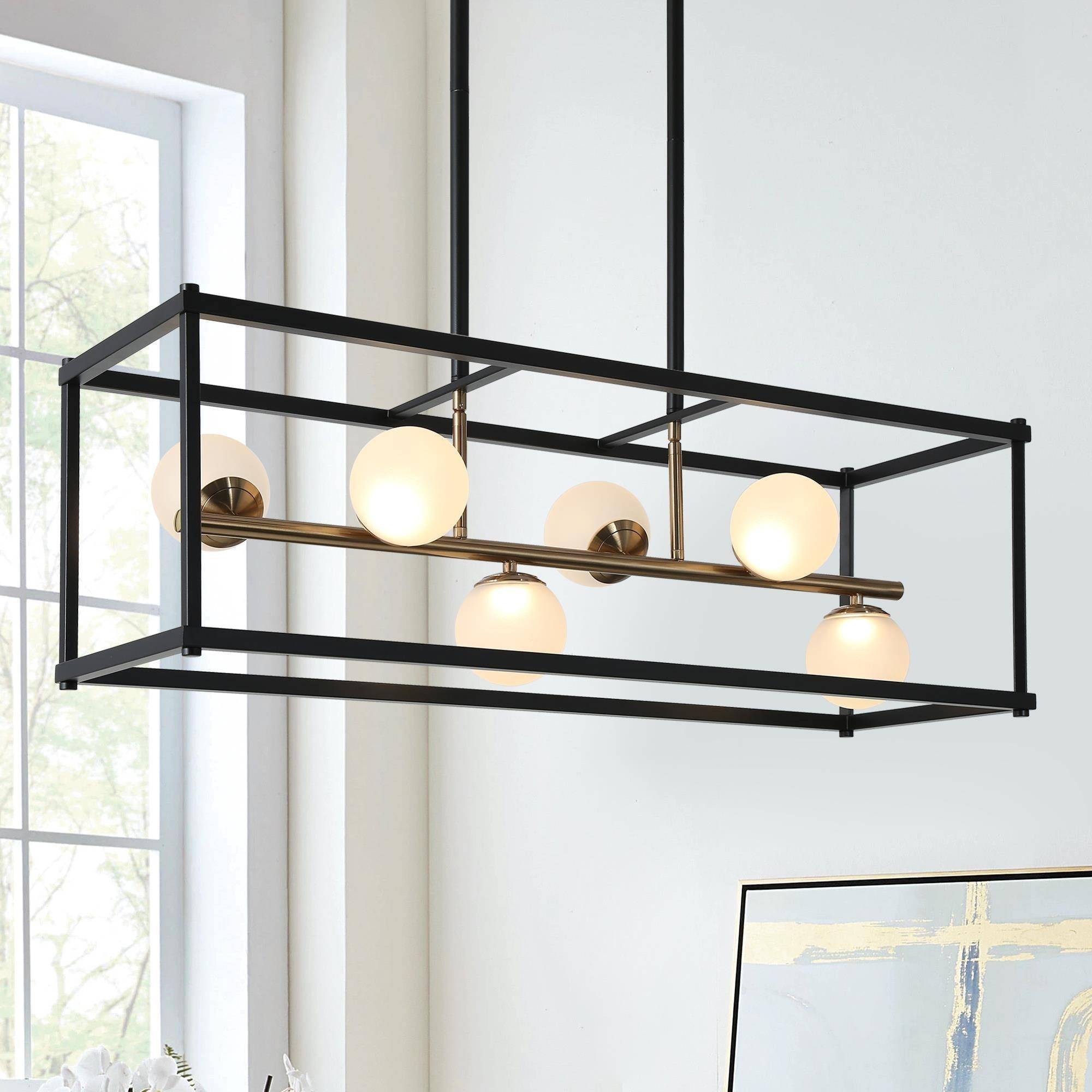 Modern LED Black Gold Chandelier 6-Light Rectangle Island Lights for Dining Room - 34" L