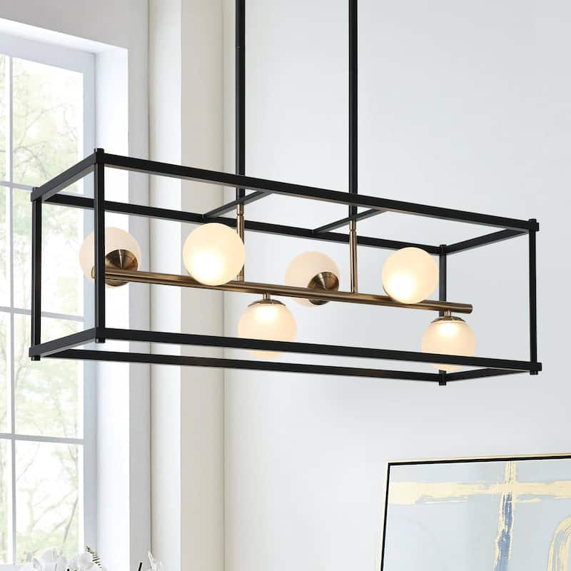 Modern LED Black Gold Chandelier 6-Light Rectangle Island Lights for Dining Room - 34" L