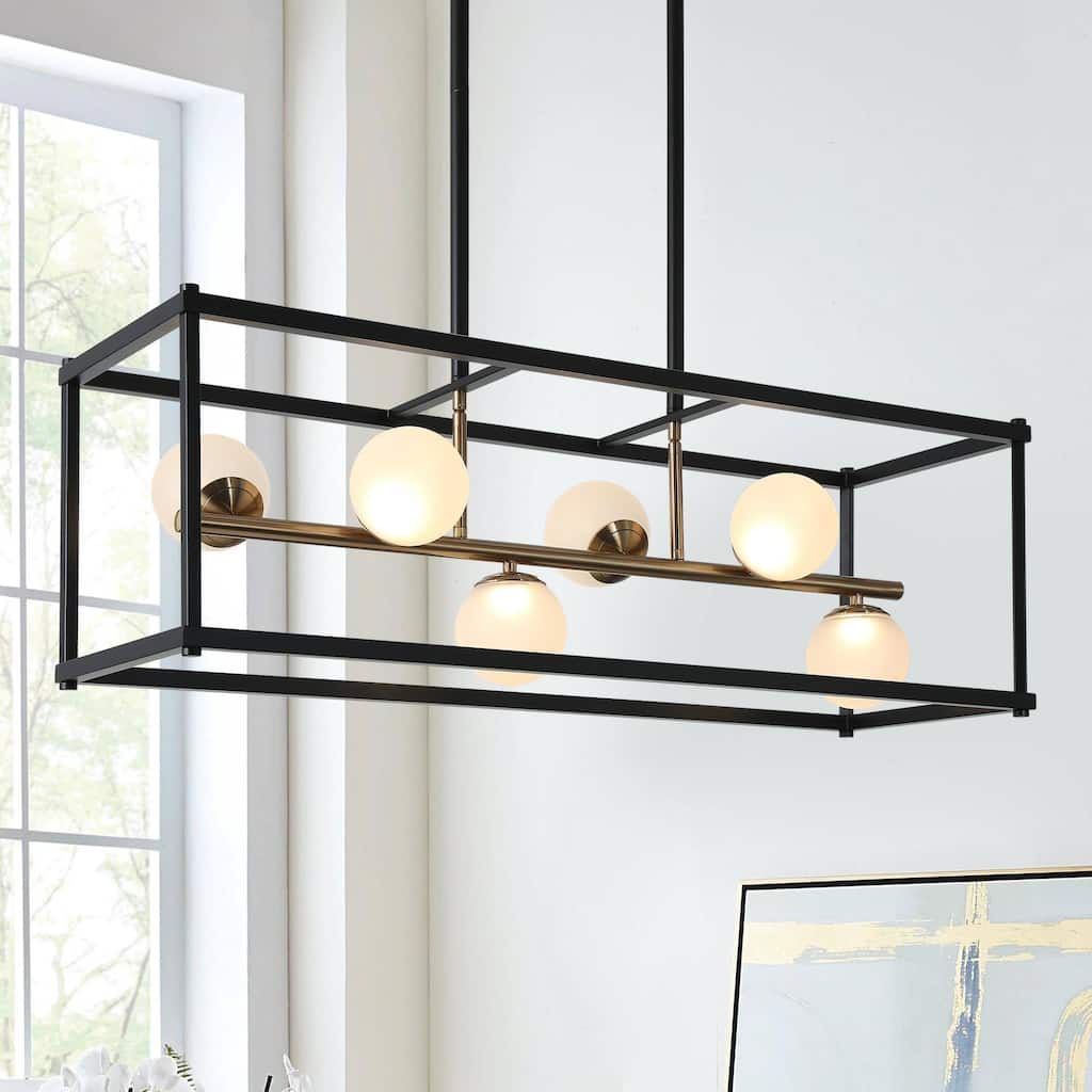 Modern LED Black Gold Chandelier 6-Light Rectangle Island Lights for Dining Room - 34" L