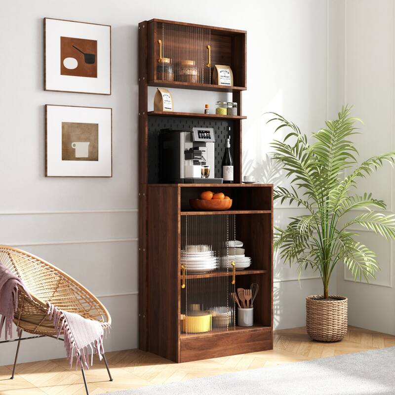 Kitchen Pantry Sideboard with 2 Sliding Striped Glass Doors, Freestanding Countertop Storage Cabinet