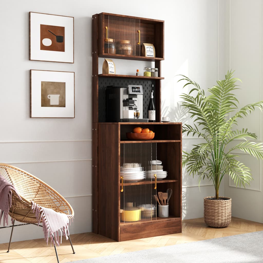 Kitchen Sideboard with Sliding Striped Glass Doors, Freestanding Wooden Floor Cabinet, Buffet Cabinet with Microwave Stand