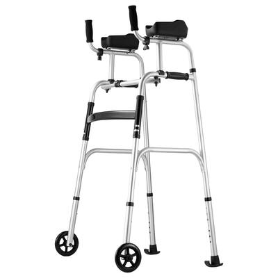 2 in 1 Folding Walker & Removable Armrests, Height Adjustable Foldable Walker with 5" Solid Wheels, Lightweight Aluminum