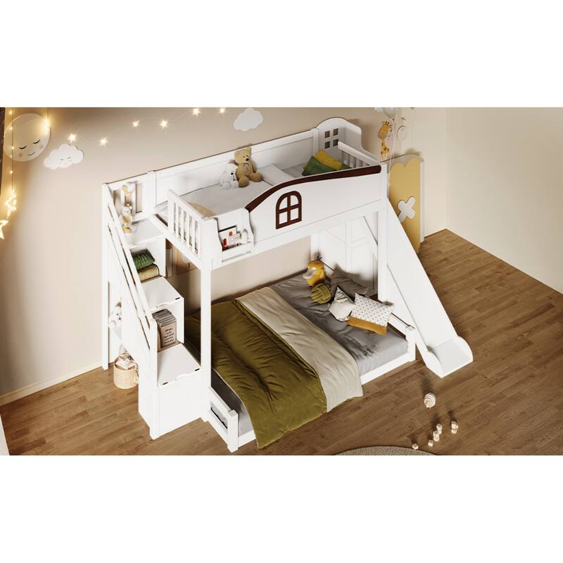 Roomfitters Twin Over Full Bunk Bed with Slide, Wardrobe and Storage Staircase