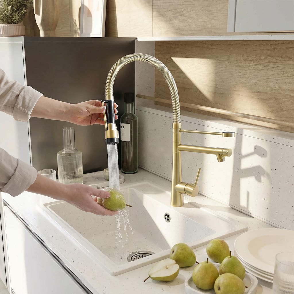 Single Handle Pull Down 360 Degree Rotation Kitchen Dual-Outlet Faucet