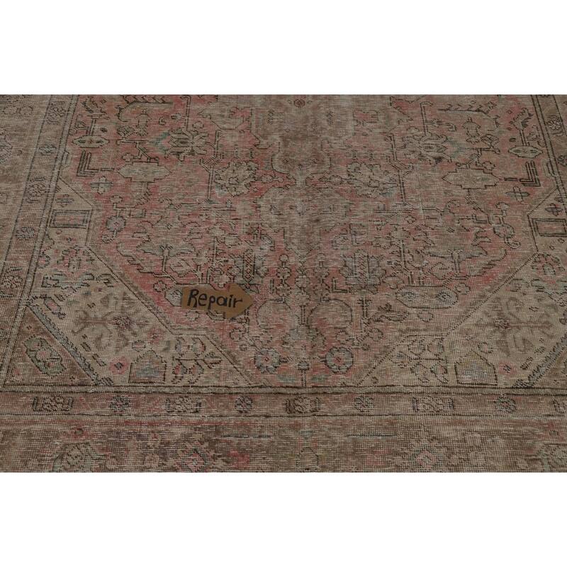 Pink Geometric Tabriz Persian Vintage Rug Hand-Knotted Wool Carpet - 6'8" x 9'2"