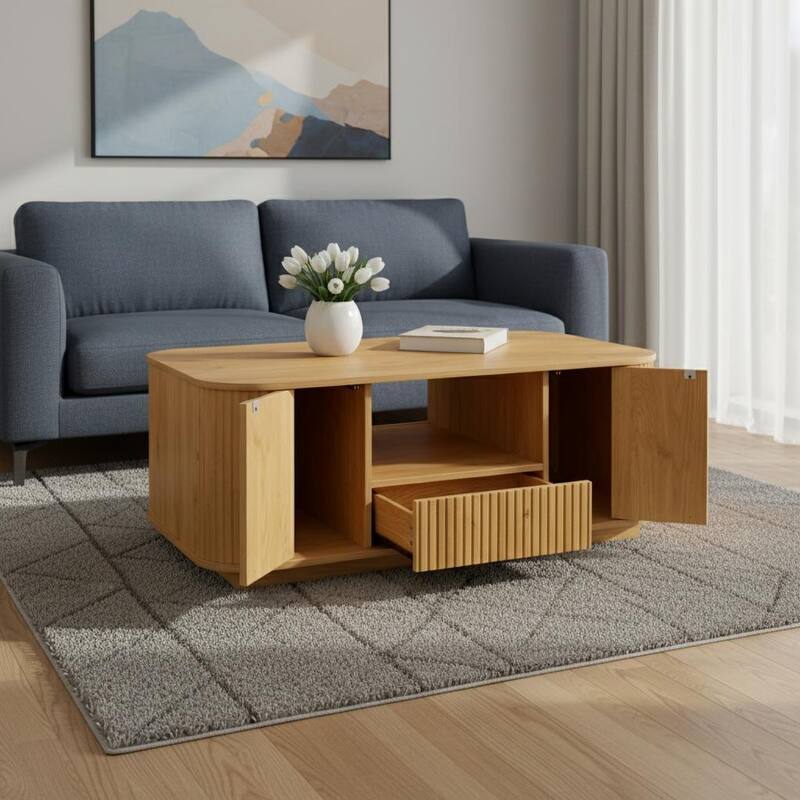 HomeRoots 47" Natural Wood Oval Block Coffee Table With Storage - 46.50 in. x 17.70 in. x 27.20 in. - Natural