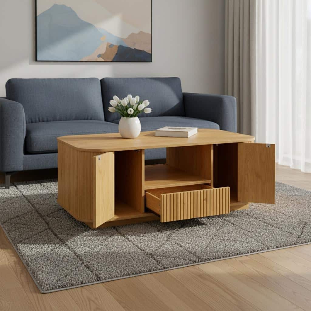 HomeRoots 47" Natural Wood Oval Block Coffee Table With Storage - 46.50 in. x 17.70 in. x 27.20 in.