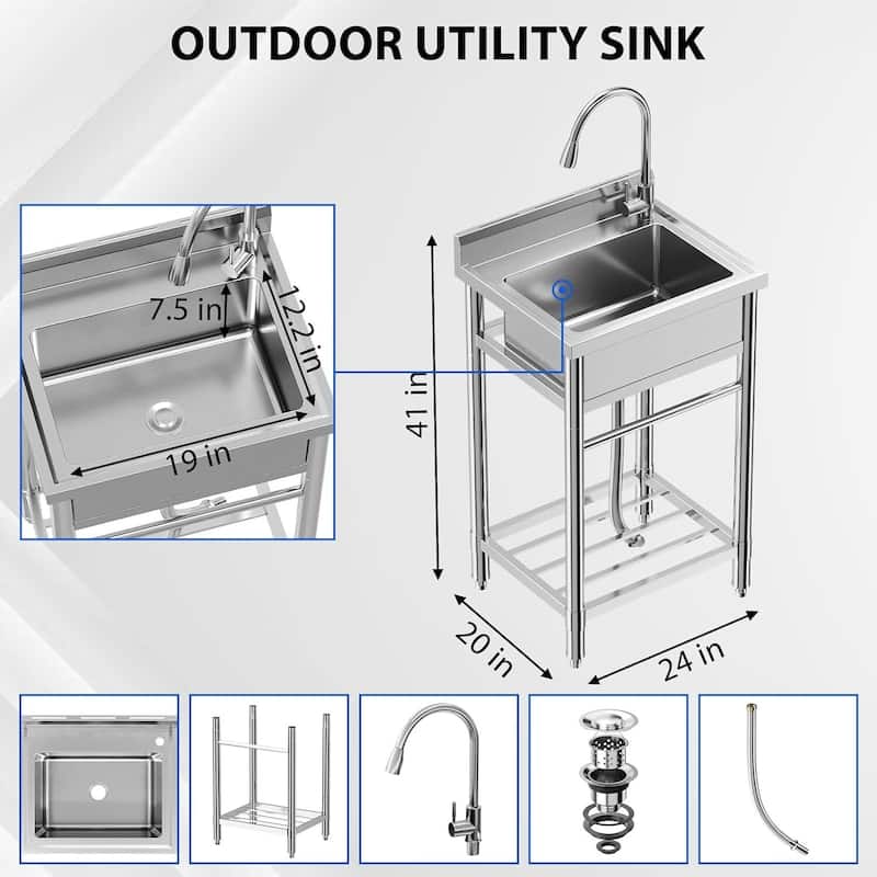 Freestanding Single Trough Stainless Steel Sink with Faucet 24 x 20 x 41 Inch - 24 x 20 x 41 Inch