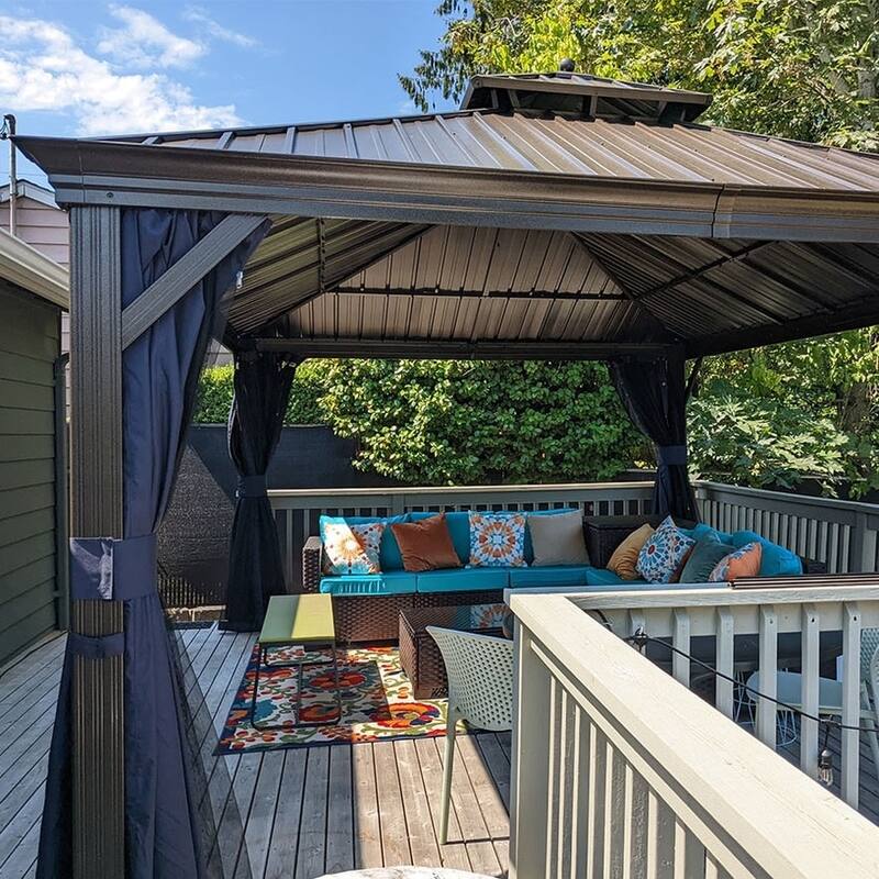 PURPLE LEAF Hardtop Aluminum Gazebo with Curtains and Netting, Double Roof Patio Gazebo