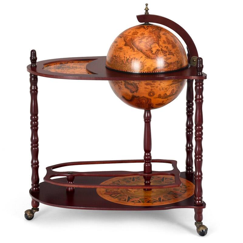 Costway Wood Globe Wine Bar Stand 34'' H 16th Century Italian Rack - 27.5"X18.0"X34.5"