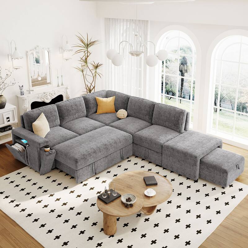 Gray L-shaped Convertible Sofa with Storage Space, USB Ports, and Cup Holders on the Armrests for Living Rooms