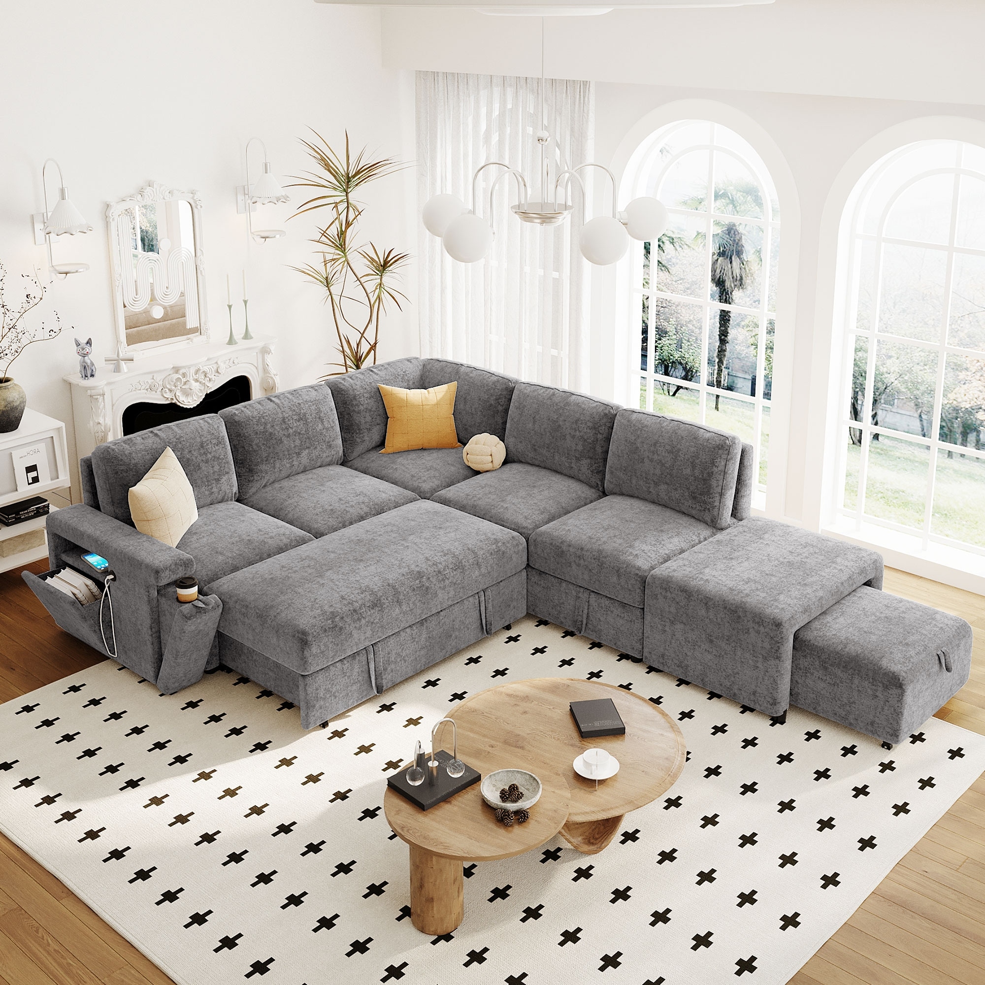 Pull out Grey Padded L shape Sectional Sofa w Ottoman USB Storage