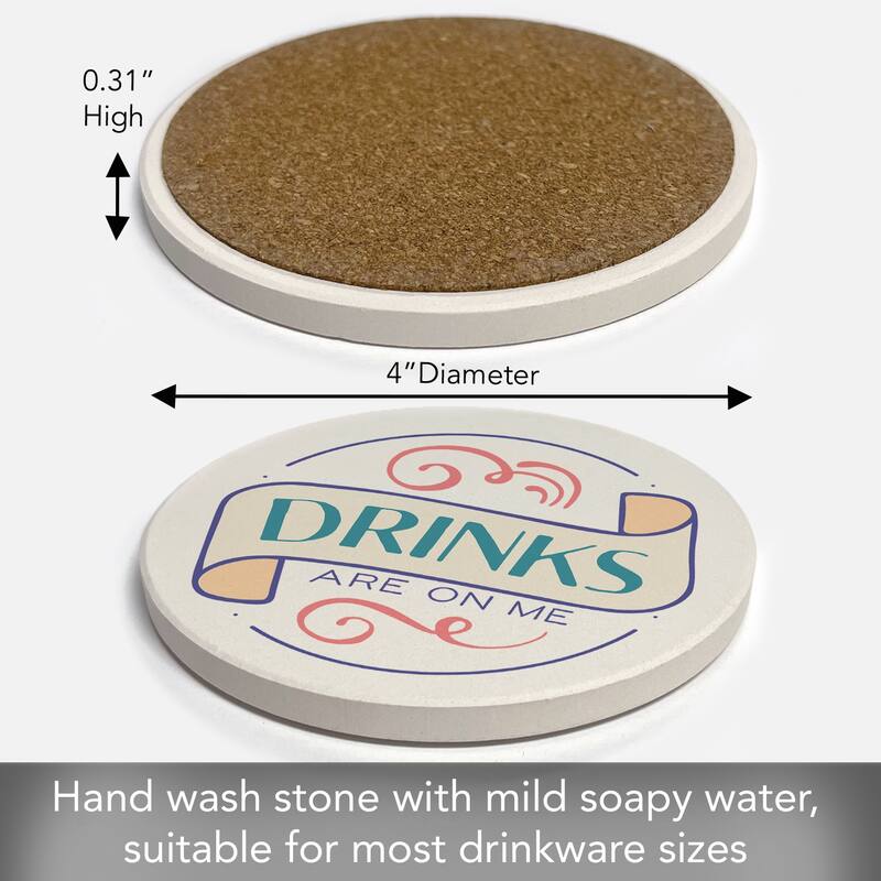 4 Pack Absorbent Stone Coaster with Protective Cork Backing Made in The USA 4" Round, Easily Wipes Clean