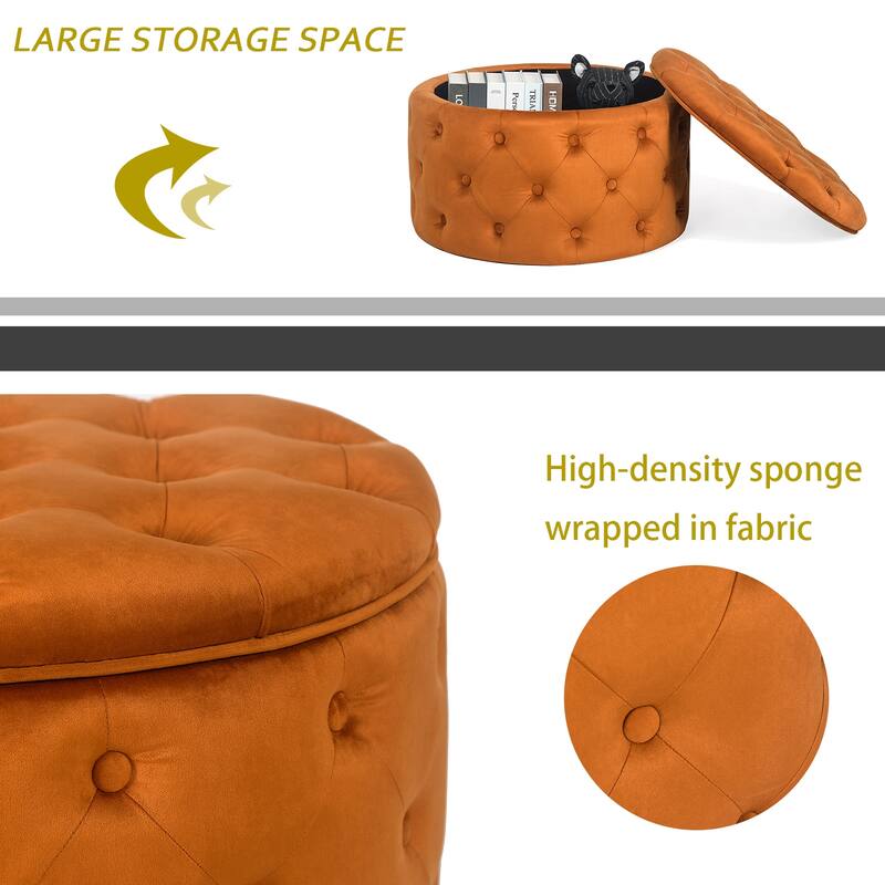 Adeco Round Velvet Button Tufted Storage Ottoman Footrest Footstool